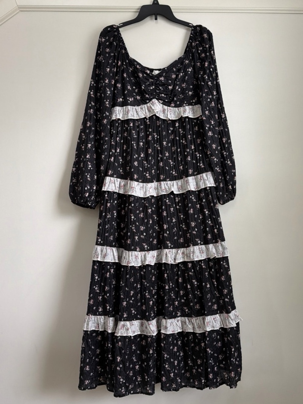 in february Black Floral Tiered Ruffle Maxi Dress Long Sleeve Pockets M NWT